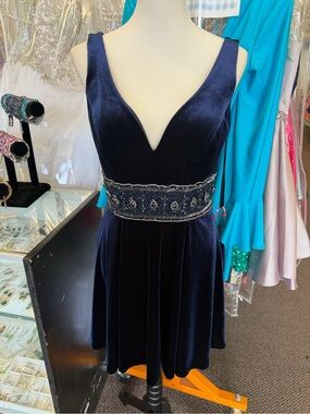 Embellished Navy Velvet V-Neck Mini Dress